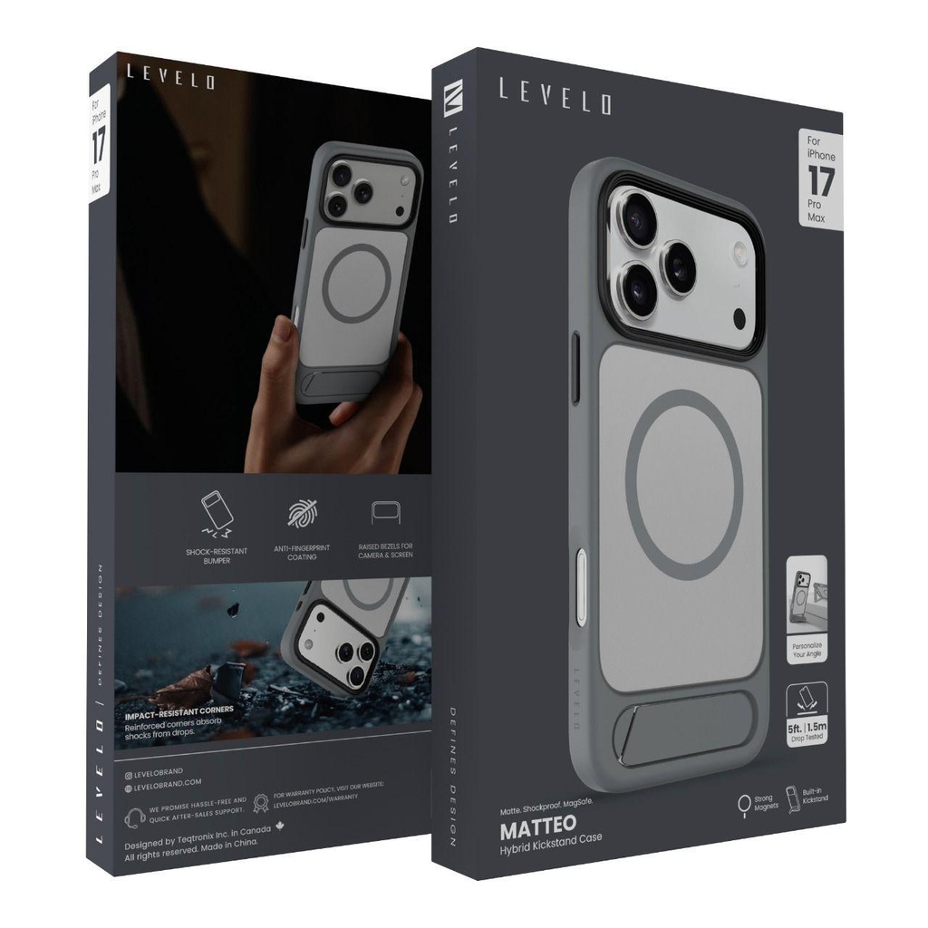 LEVELO MATTEO IPHONE 17 PRO MAX HYBRID KICKSTAND CASE CLOUD GREY