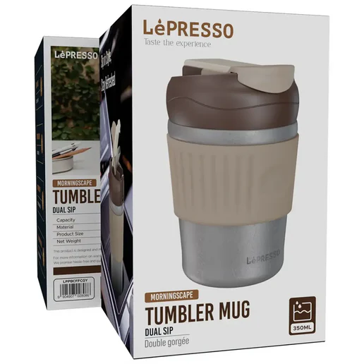 LePresso Tumbler Mug Stainless Steel with Dual-Sip, 350mL Capacity - Gray