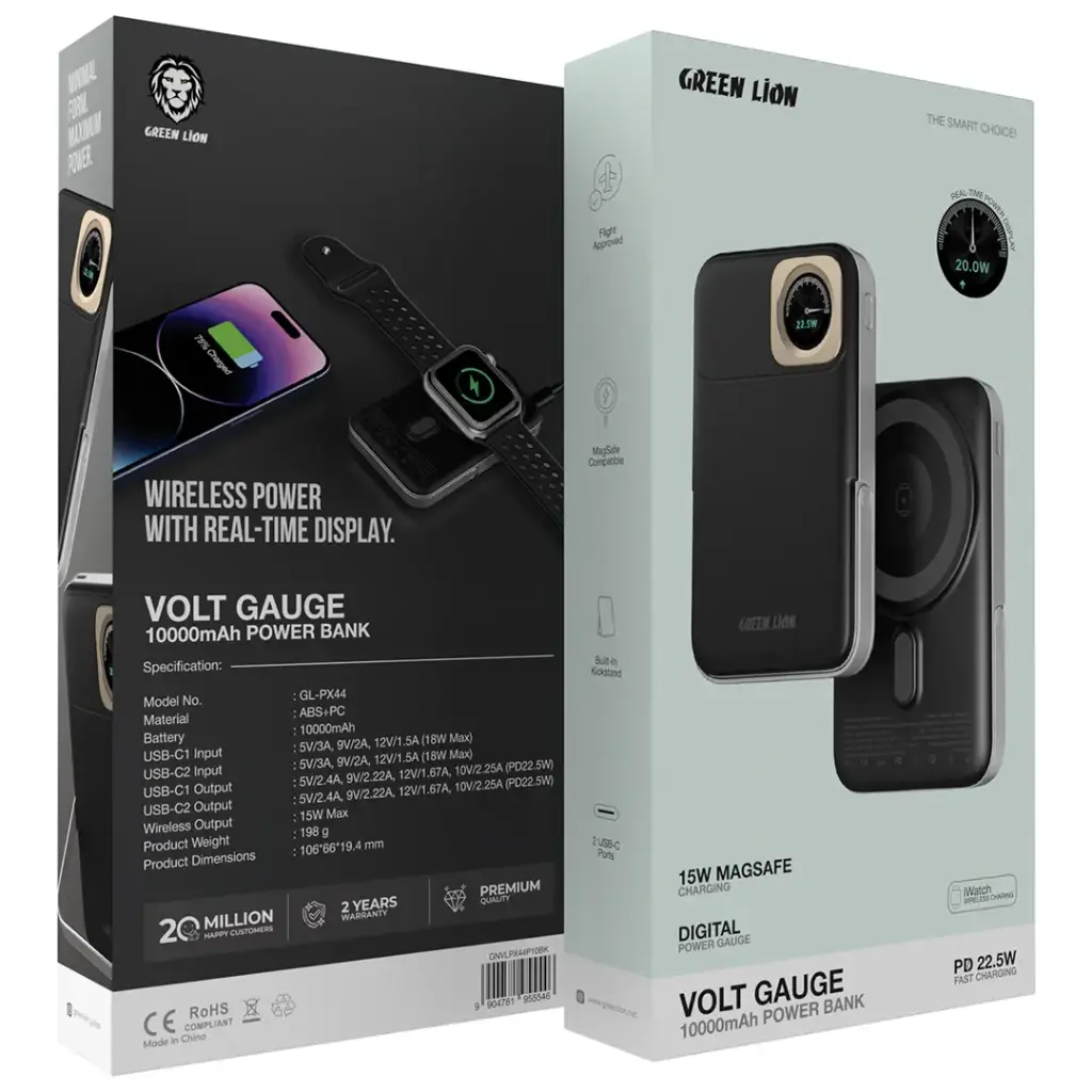 Green Lion Volt Gauge 10000mAh Power Bank PD 22.5W - Black