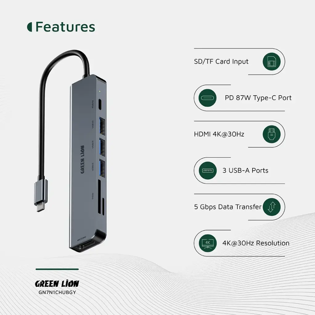 Green Lion 7-in-1 USB-C Hub - Gray