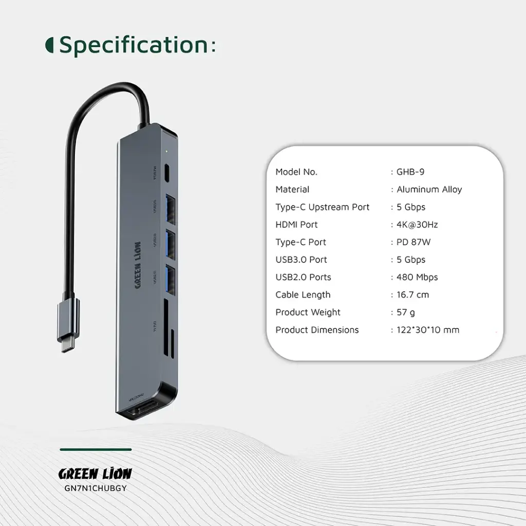 Green Lion 7-in-1 USB-C Hub - Gray