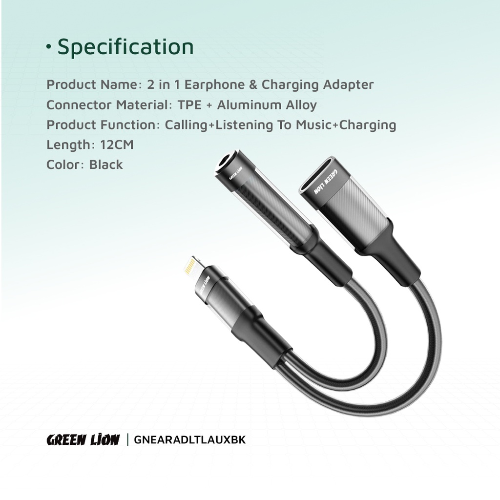 Green Lion Earphone Adapter (12cm) Lightning To Lightning (Charging) + 3.5 (Audio)