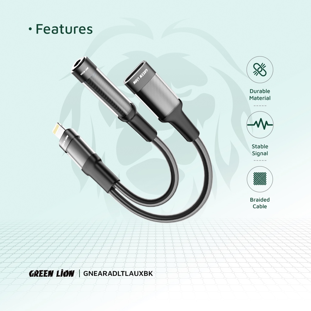 Green Lion Earphone Adapter (12cm) Lightning To Lightning (Charging) + 3.5 (Audio)
