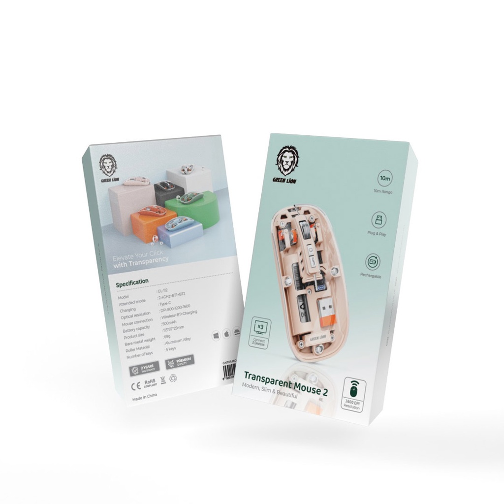 Green Lion Transparent Wireless, Bluetooth & Rechargeable Mouse 2 1600DPI - Pink