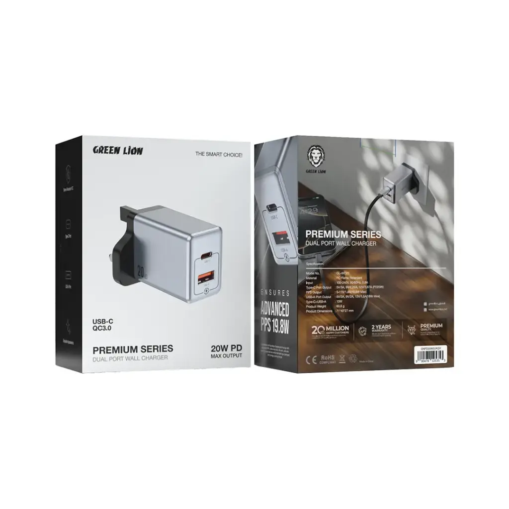 Green Lion Premium Series Dual Port Wall Charger 20W - Gray