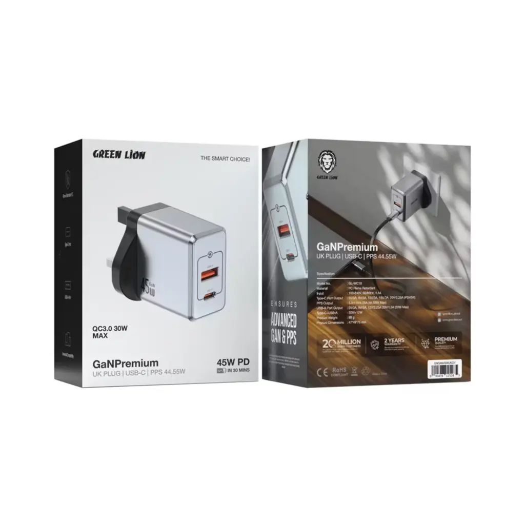 Green Lion GaN Premium UK Plug Wall Charger 45W - Gray