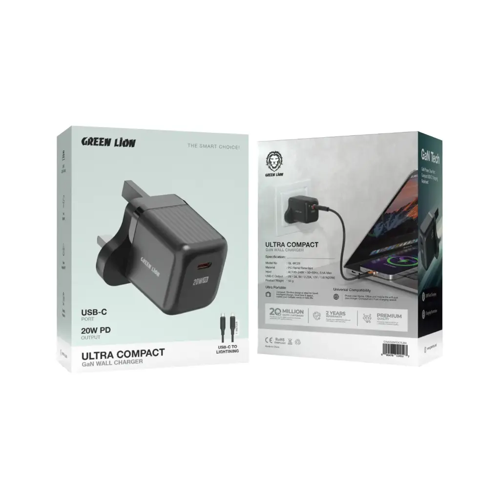 Green Lion Ultra Compact GaN Wall Charger with USB-C to Lightning Cable - Black