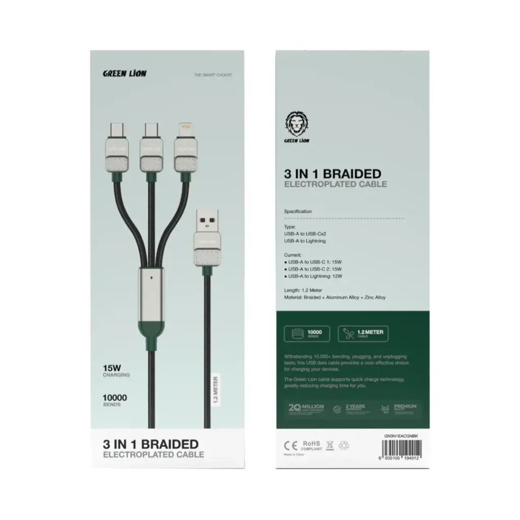 Green Lion 3-in-1 Cable Braided USB-A to C+C+L - Black + Dark Green
