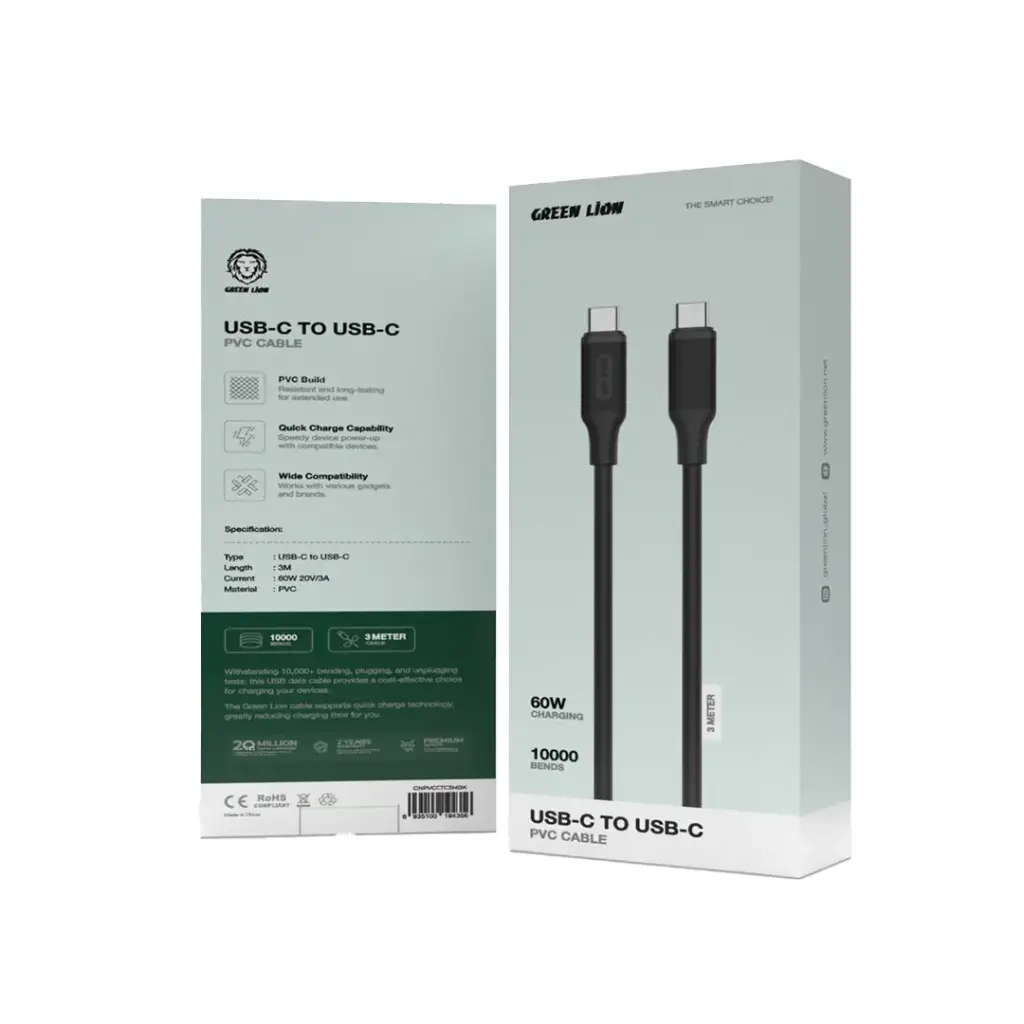Green Lion USB-C to USB-C PVC Cable 3M - Black