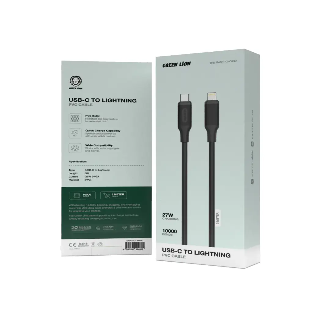 Green Lion USB-C to Lightning PVC Cable 3M - Black