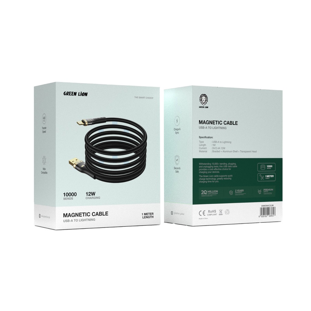 Green Lion Magnetic Cable USB-A to Lightning 1M - Black