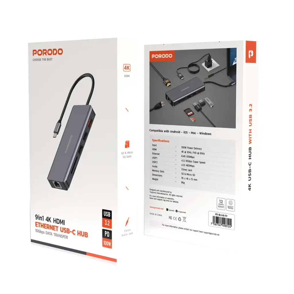 Porodo 9in1 USB-C Hub Type-C PD 100W HDMI Ethernet USB SD Card 3.5mm Aux - Gray