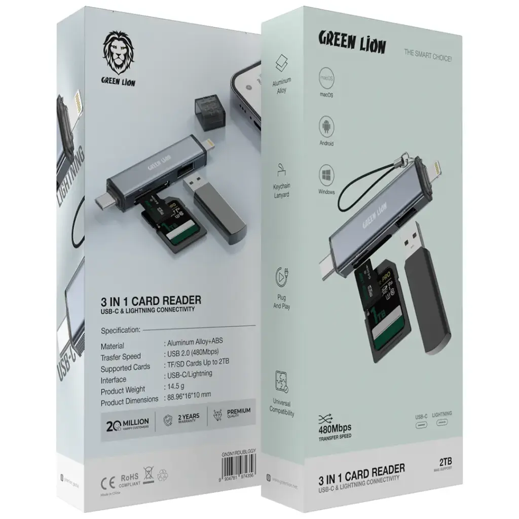 Green Lion 3 in 1 Card Reader with USB-C & Lightning Connectivity - Gray