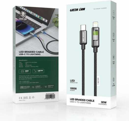 Green Lion USB-C to Lightning head LED Charging Cable - Black