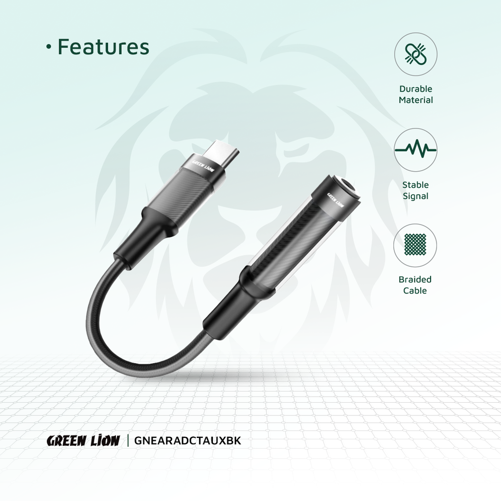 Green Lion Earphone Adapter USB-C to 3.5 Aux 12CM - Black