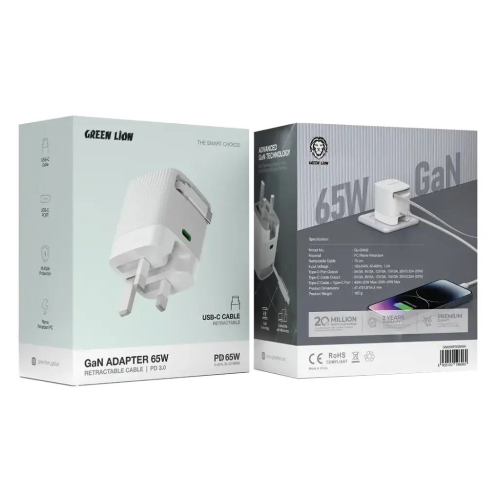 Green Lion Gan Adapter 65W Retractable Cable PD 3.0