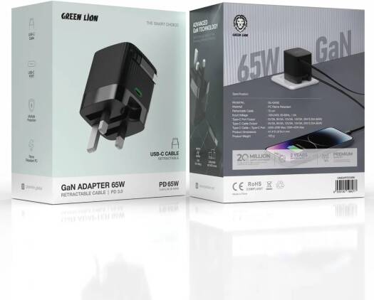 Green Lion Gan Adapter 65W Retractable Cable PD 3.0 - Black