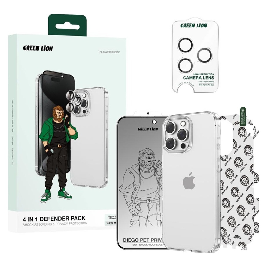 Green Lion 4 In 1 Defender Pack Privacy For iPhone16 Pro Max