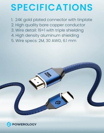 Powerology 8K Hdmi Cable 24K Gold Plated Connectors