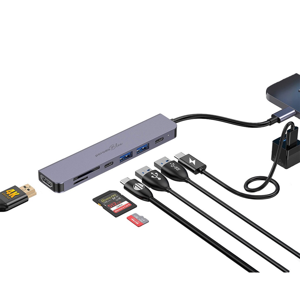 Porodo Blue 7 Ports USB-C HUB 4K HDMI & Dual USB-C