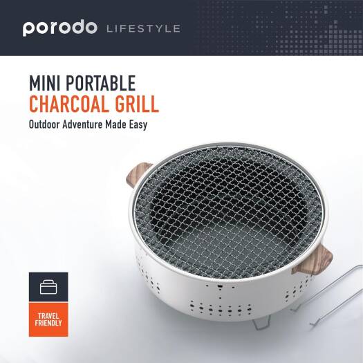 Porodo Lifestyle Camping Mini Outdoor Round BBQ/Charcoal Grill - Light Brown