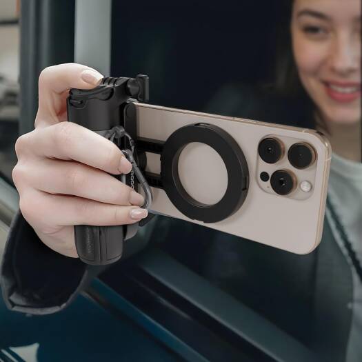 Porodo Quad Base Selfie Stick with 360° Full Angle Rotation, Strong Magnet - Black