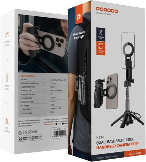 Porodo Quad Base Selfie Stick with 360° Full Angle Rotation, Strong Magnet - Black