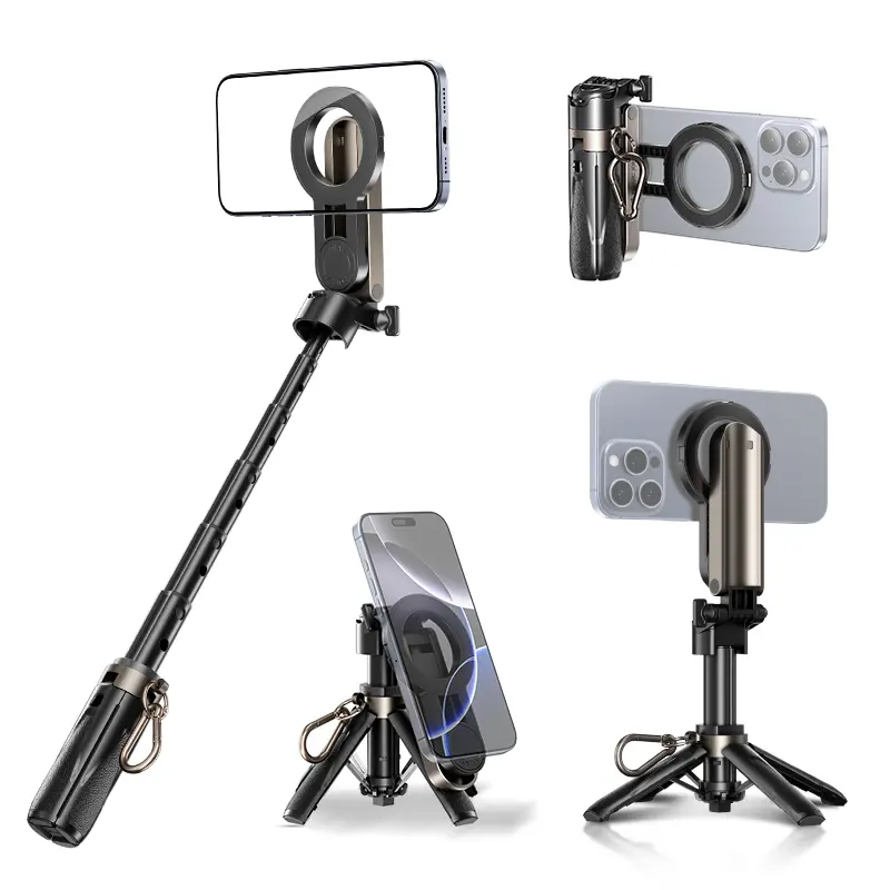Porodo Quad Base Selfie Stick with 360° Full Angle Rotation, Strong Magnet - Black