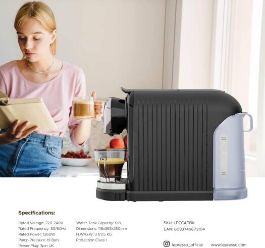 LePresso Nespresso Capsule Coffee Machine 0.8L 1260W - Black