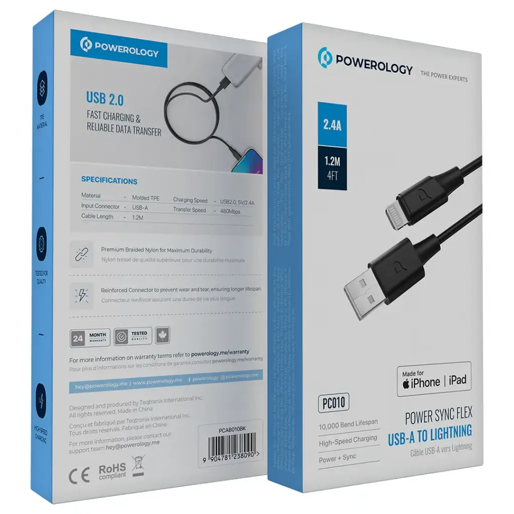 Powerology USB-A To Lightning Data Sync And Charge 1.2m Black