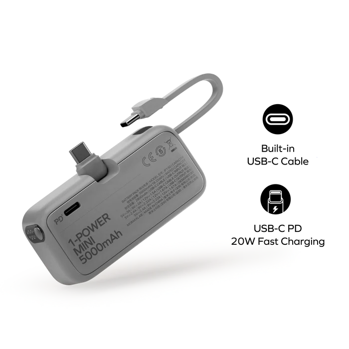 Momax 1-Power Mini 5000mAh 3in1 Power Bank With USB-C Plug White