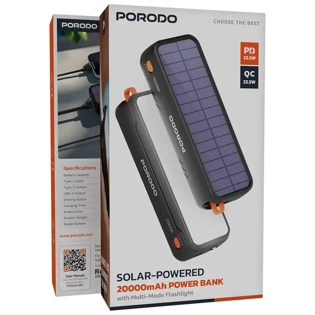 Porodo Solar-Powered 20000mAh Power Bank - Black6.webp