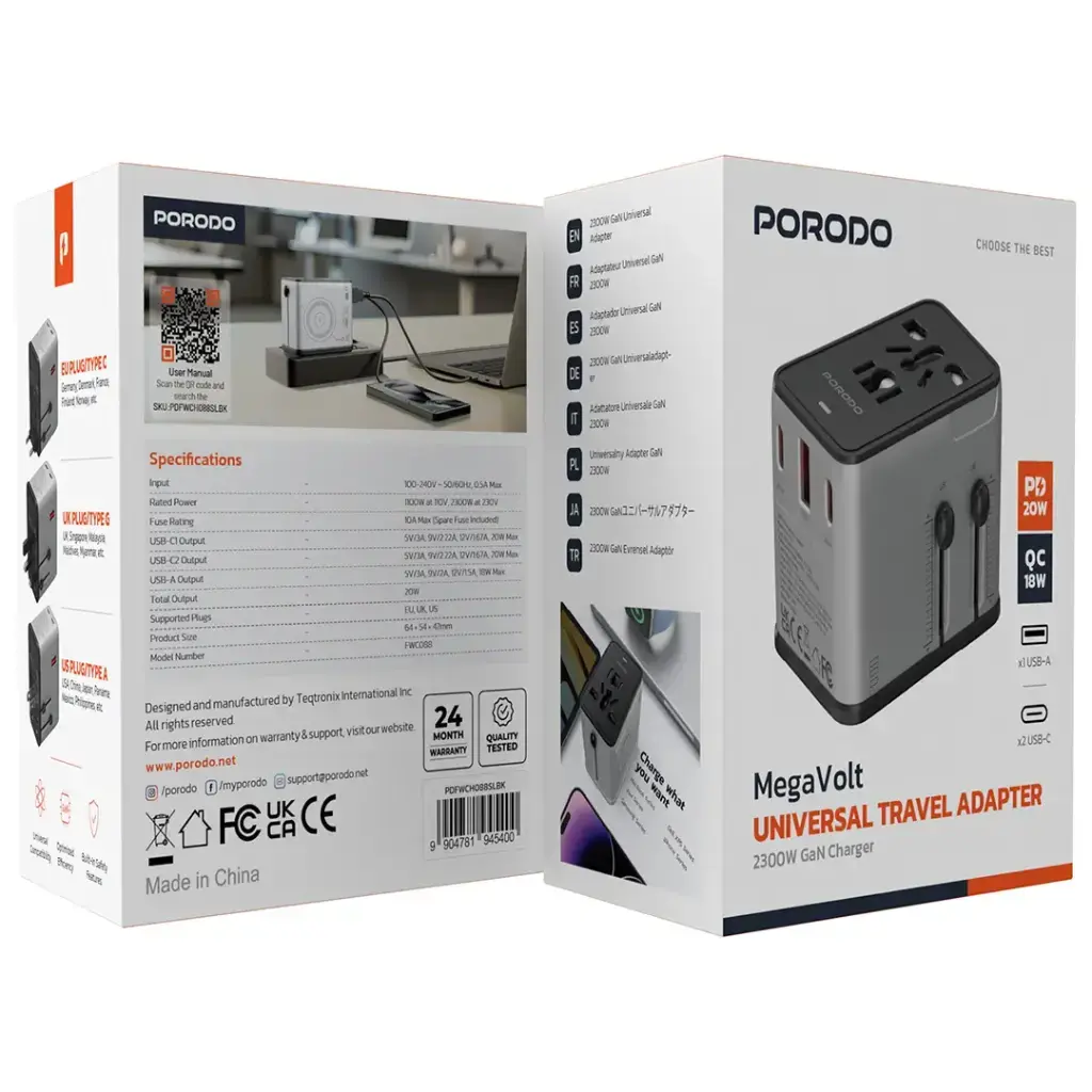 Porodo Mega Volt Universal Travel Adapter - Silver-Black (3).webp