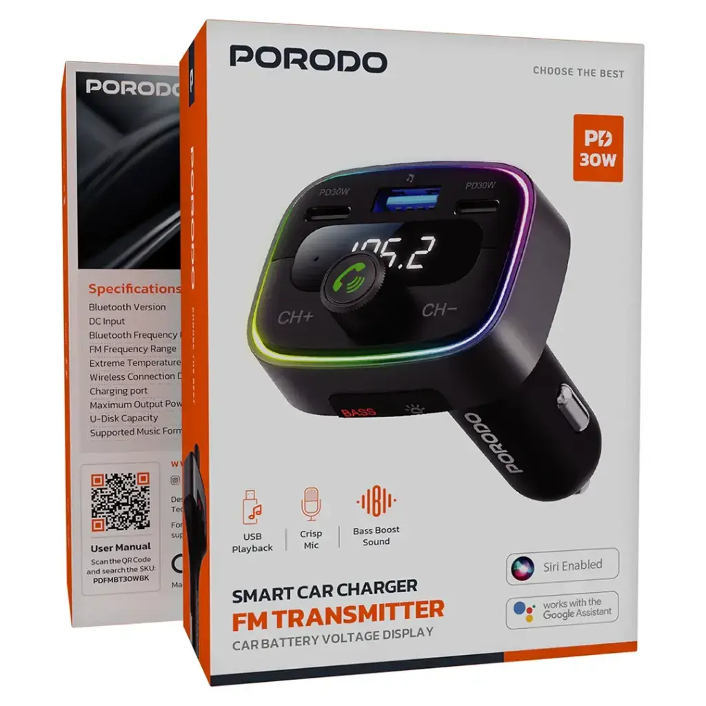 Porodo Smart Car Charger FM Transmitter - Black6.webp