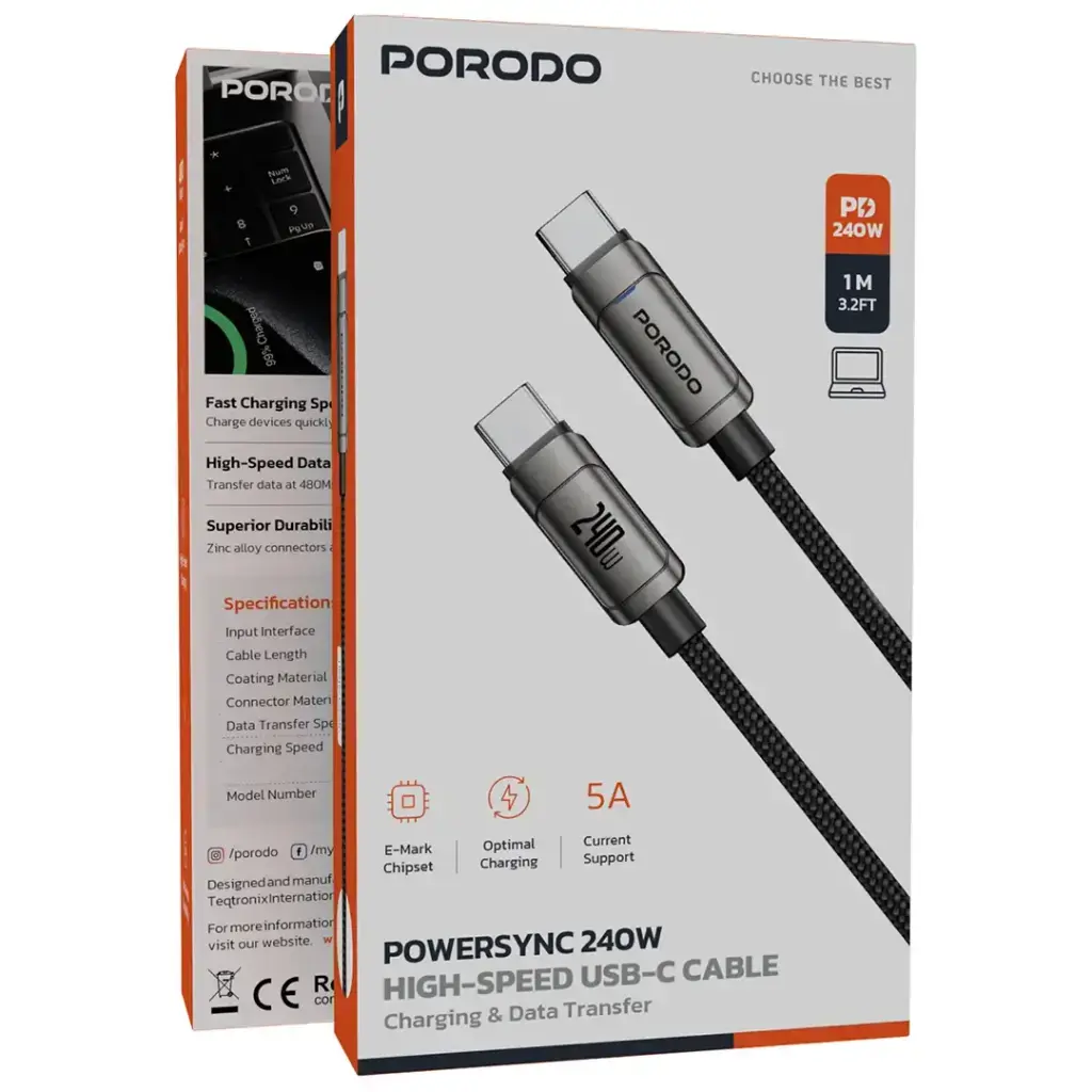 Porodo PowerSync 240W High-Speed USB-C Cable - Gray2.webp