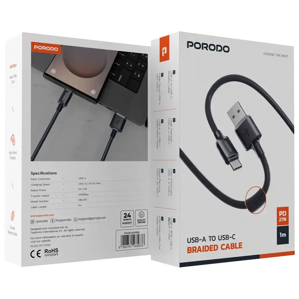 Porodo USB-A to USB-C Braided Cable - Black.webp