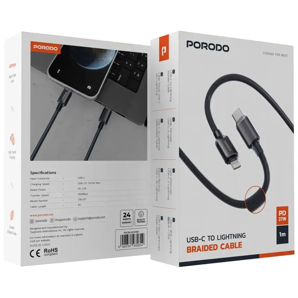 Porodo USB-C to Lightning Braided Cable - Black.webp