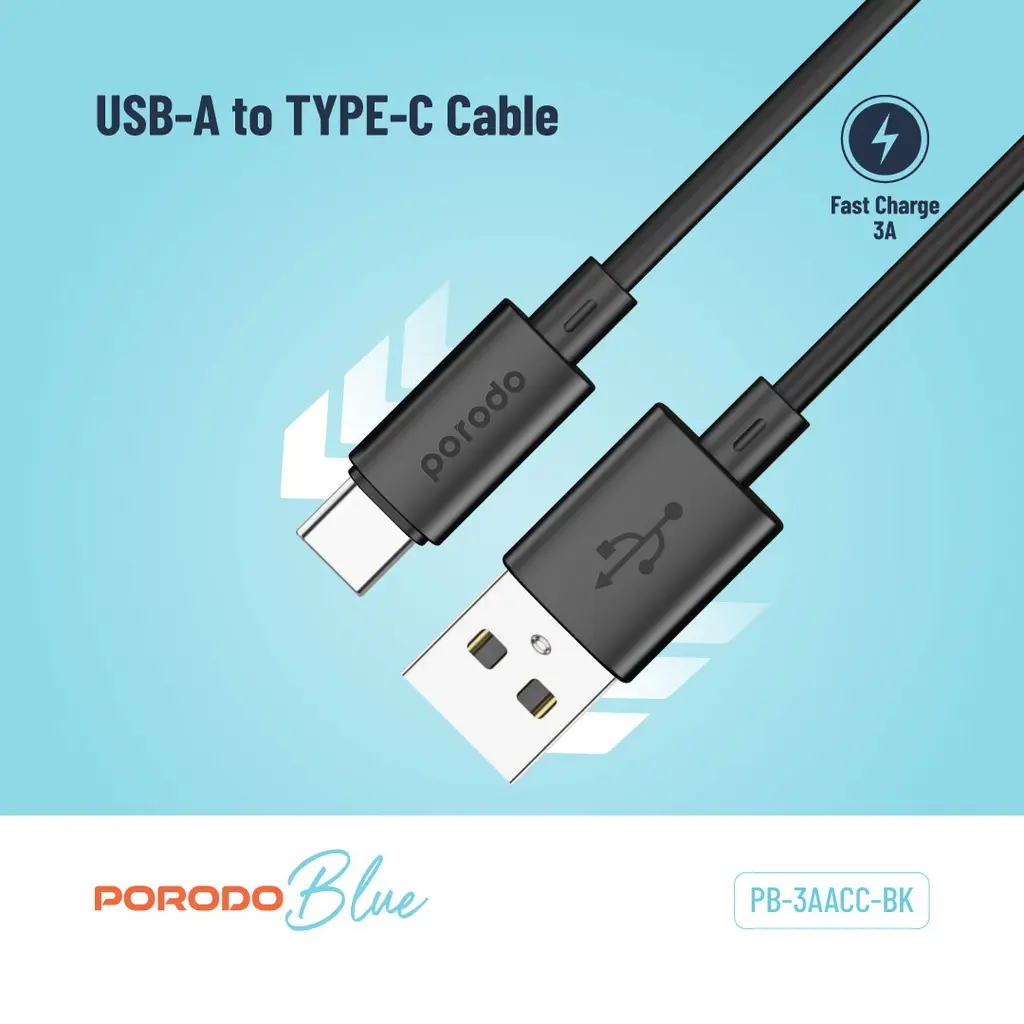 Porodo Blue 3A USB A to Type C PVC Cable 1.2M - Black (2).webp