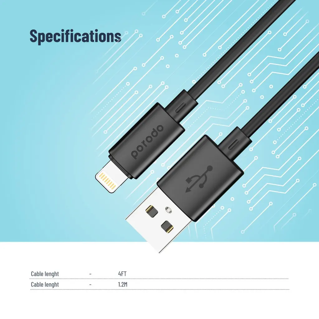 Porodo Blue 3A USB A to Lightning PVC Cable 1.2M - Black.webp