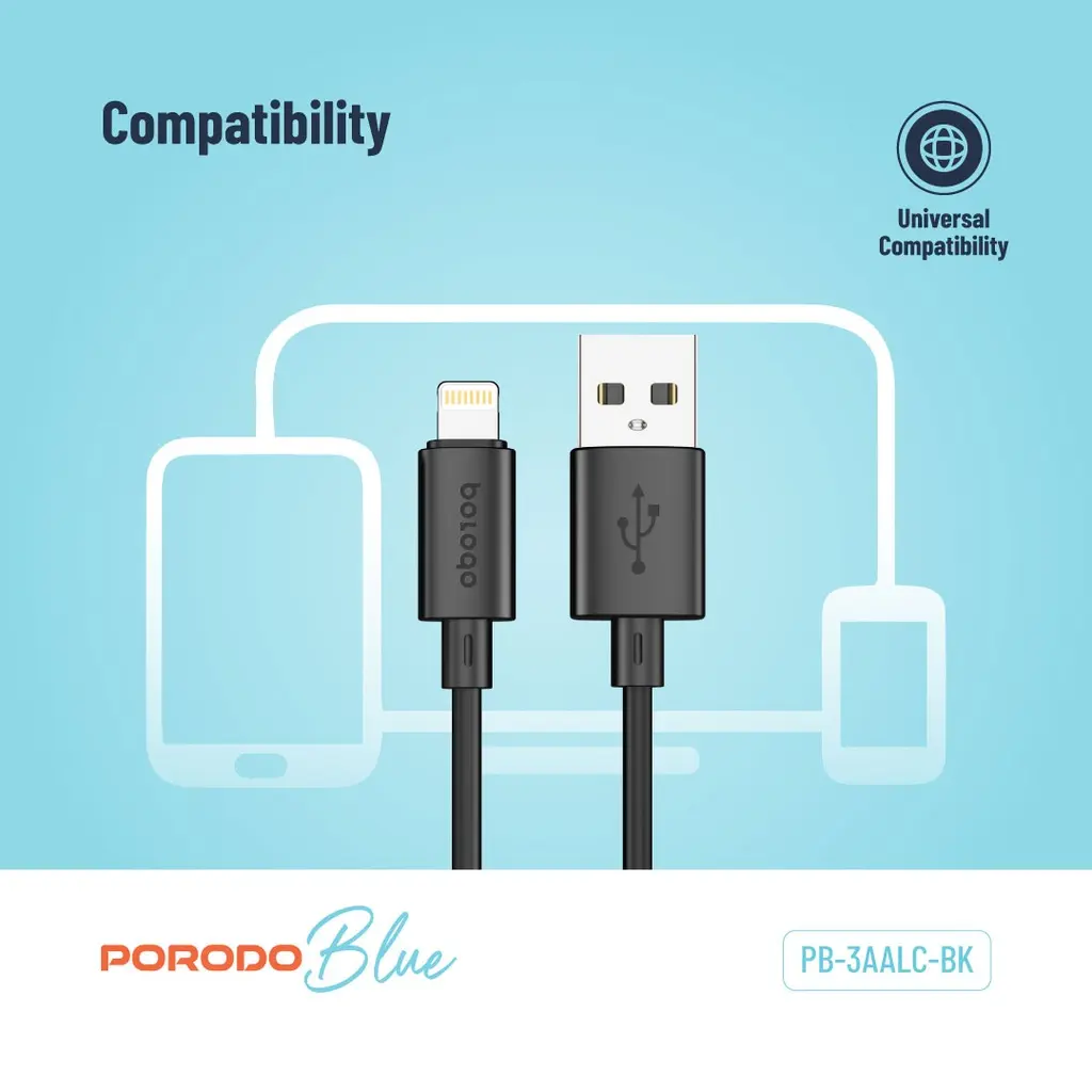 Porodo Blue 3A USB A to Lightning PVC Cable 1.2M - Black (1).webp