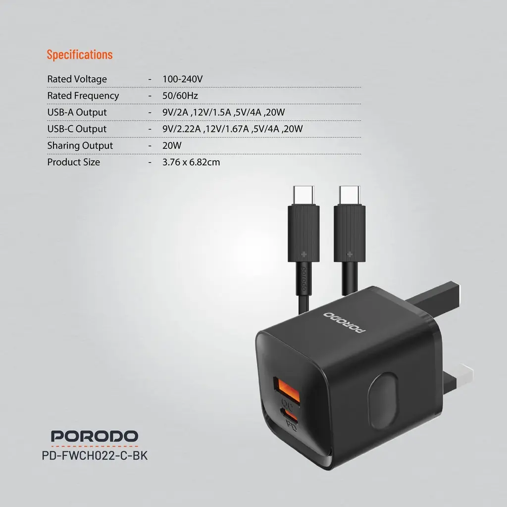 Porodo Dual port Wall Charger UK with Type-C Cable - Black (4).webp