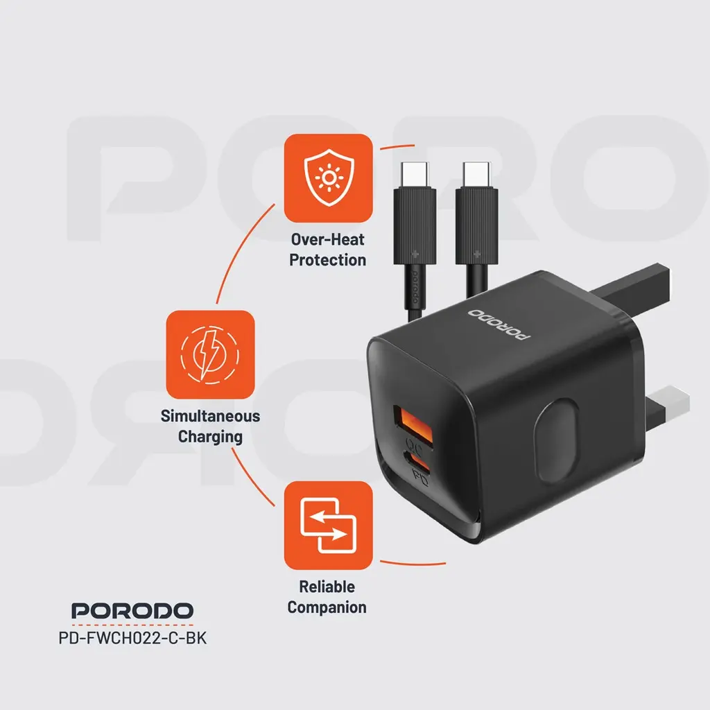 Porodo Dual port Wall Charger UK with Type-C Cable - Black (2).webp