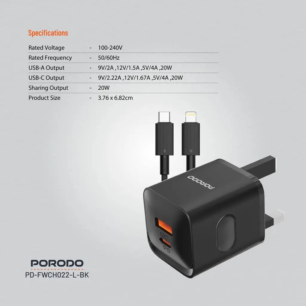 Porodo Dual Port Wall Charger UK with USB-C to Lightning cable - Black (5).webp