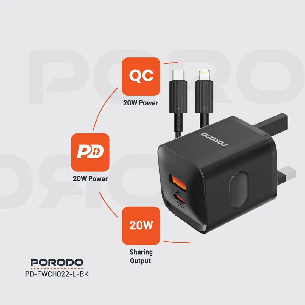 Porodo Dual Port Wall Charger UK with USB-C to Lightning cable - Black (4).webp
