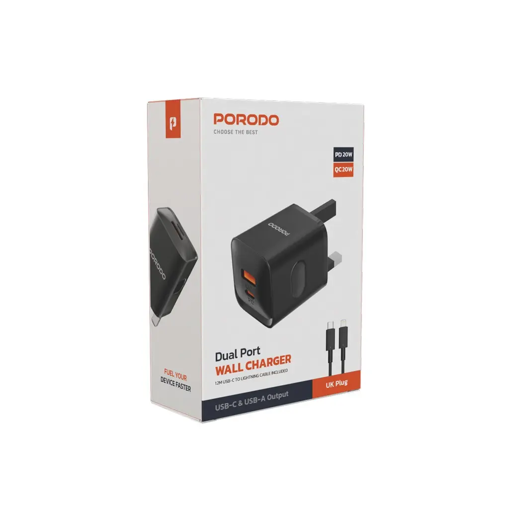Porodo Dual Port Wall Charger UK with USB-C to Lightning cable - Black (2).webp
