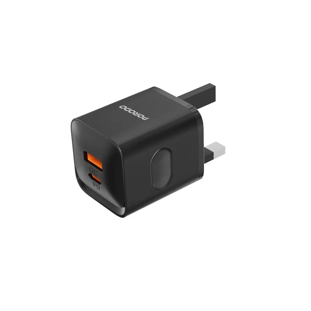 Porodo Dual Port Wall Charger UK with USB-C to Lightning cable - Black.webp