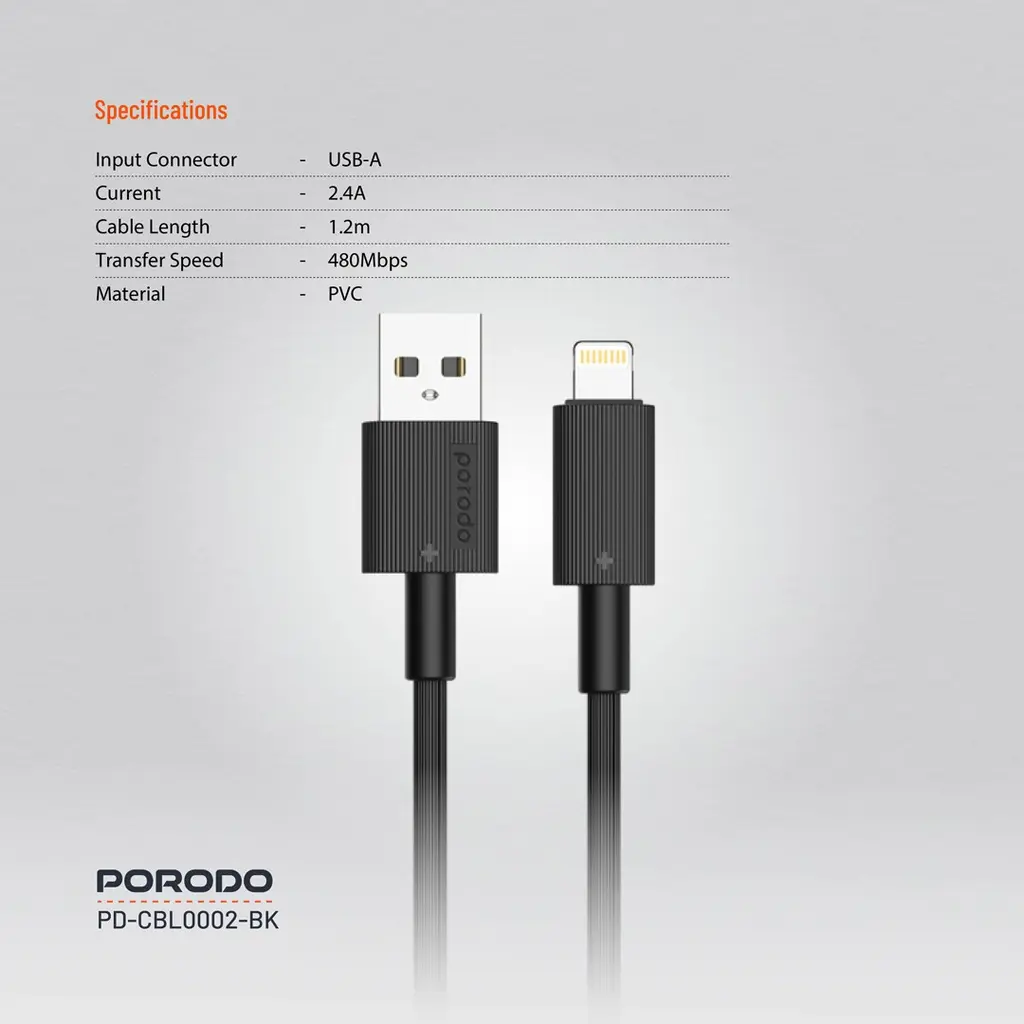 Porodo USB-A to Lightning Durable Charging Cable .webp