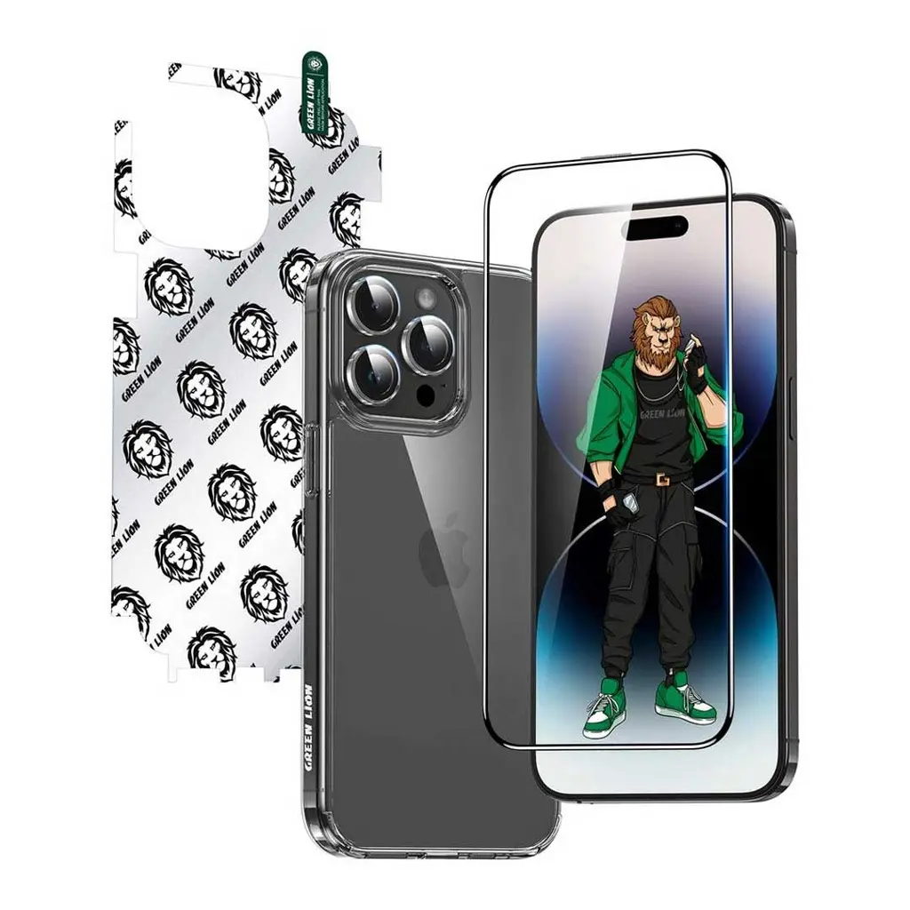 Green Lion 4 in 1 Defender Pack for iPhone15 Pro - 15 Pro Max - Transparent.webp