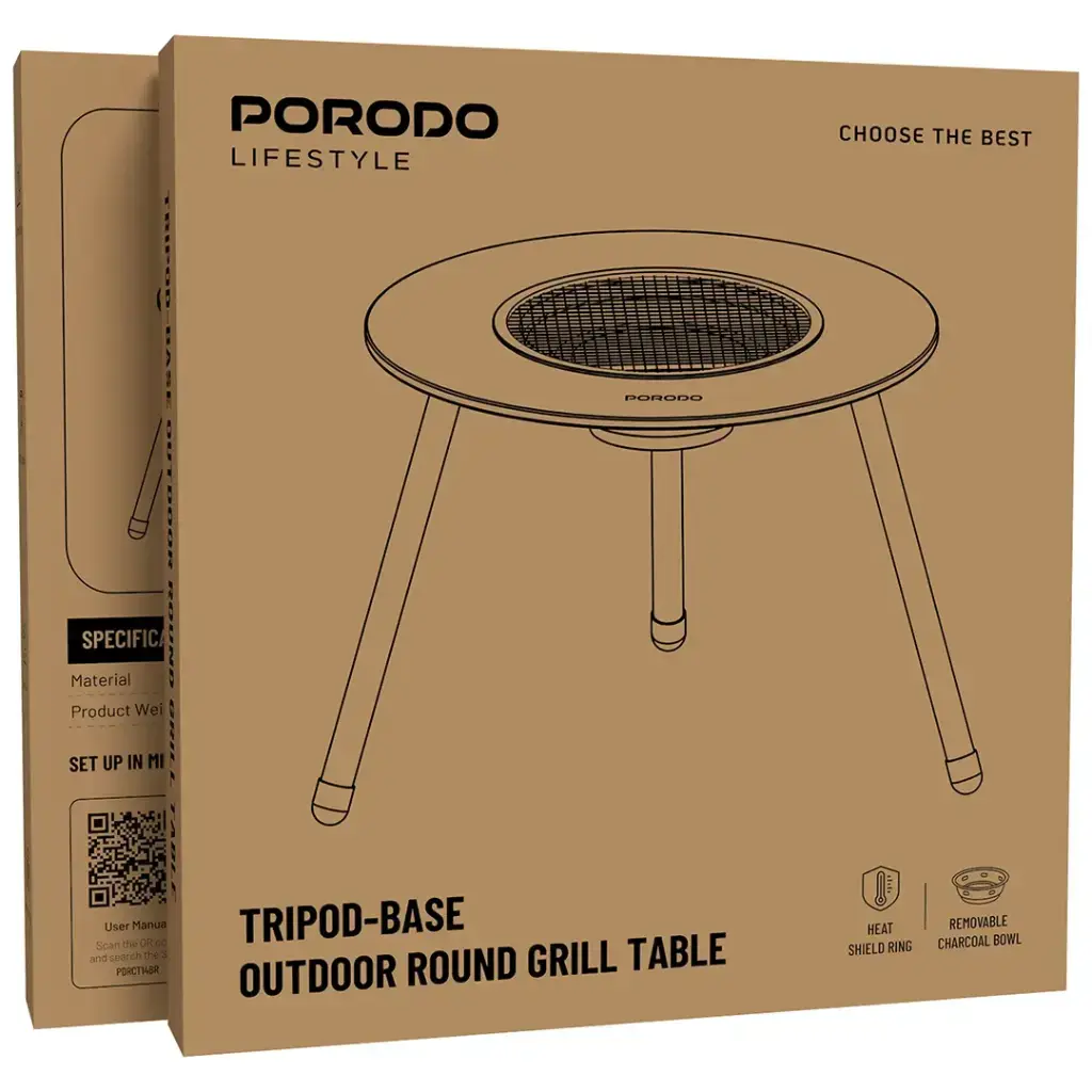 Porodo Lifestyle Tripod-Base Outdoor Round Grill Table - Brown.webp