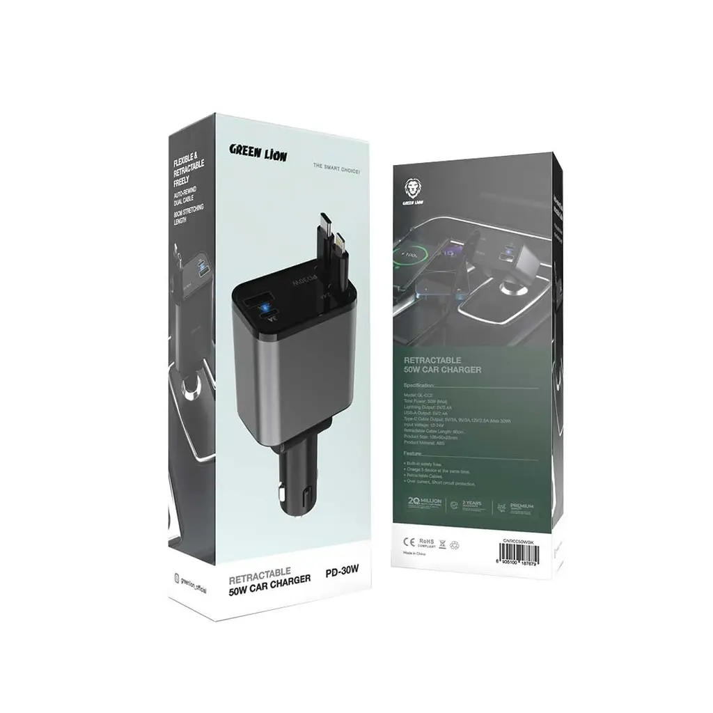 Green Lion Charger & Cable Retractable 50W Car Charger Digital Display Black [GNRCC50WBK].webp
